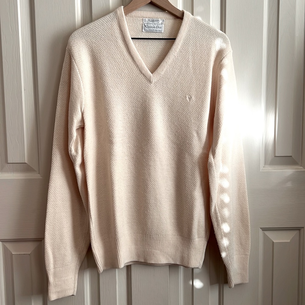 Vintage Dior Men's V-Neck Sweater in Soft Cream